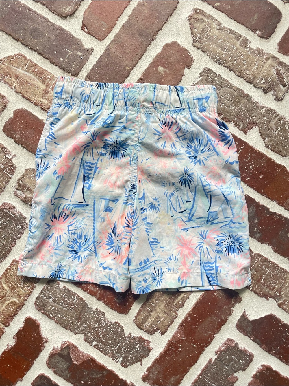 Lilly Pulitzer Kids Swim Trunks in Light Blue, Pink and Navy Palm Print